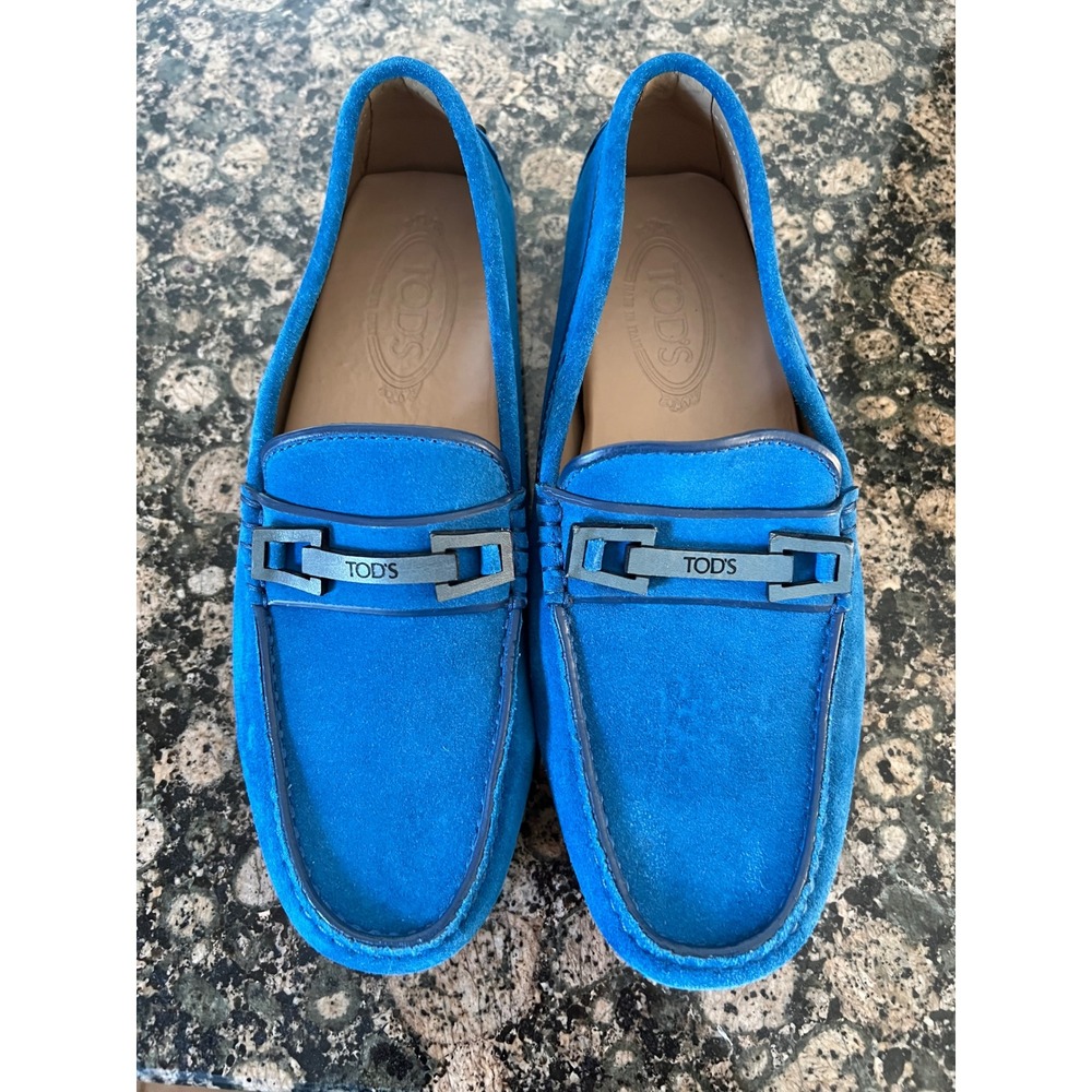 Tods Mens Blue Suede Gommino Driving Shoes Metal Clamp Loafers Size 6 Made Italy